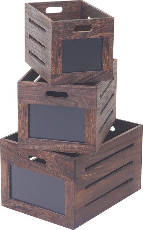 MCW Set van 3 houten kisten -E11 opbergkist met plank shabby look ~ vintage bruin