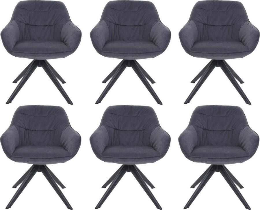 MCW Set van 6 eetkamerstoelen -K28 keukenstoel gestoffeerde stoel met armleuning draaibaar metaal ~ stof textiel grijs
