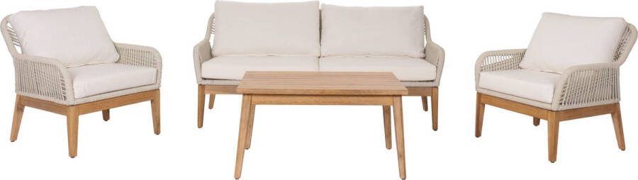 MCW Tuinset -H56b loungeset tuin loungebank fauteuil tafel touw vlechtwerk Touwhout acacia ~ crème