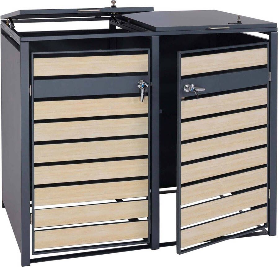 MCW XL 2-zits 4-zits afvalbak deksel -J81 afvalbak metaal 59kg antraciet ~ beukenhout look lichtbruin