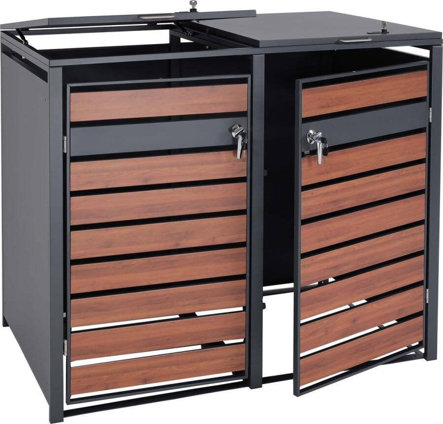 MCW XL 2-zits 4-zits afvalbak deksel -J81 afvalbak metaal 59kg antraciet ~ kersenhout look donkerbruin