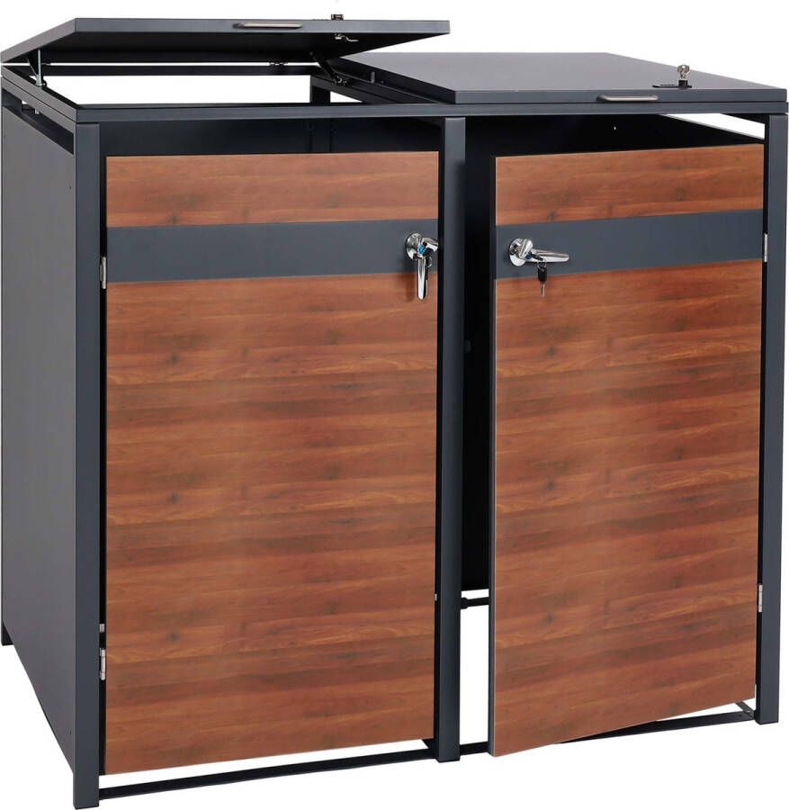 MCW XL 2-zits 4-zits afvalbak deksel -J82 afvalbak metaal 59kg antraciet ~ donkerbruin kersenhout look