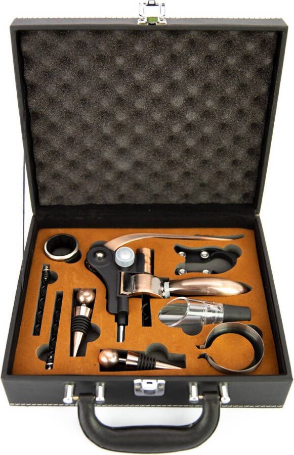 MD-goods Kurkentrekker + Wijn accessoires Giftbox – Wijnopener set – Flesopener – Schenktuit – Corkscrew – Cadeautip – Leder – Zwart