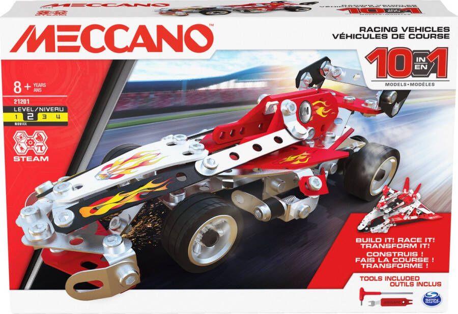 Meccano 10-in-1 S.T.E.A.M.-bouwpakket voor racevoertuigen met 225 onderdelen en gereedschappen