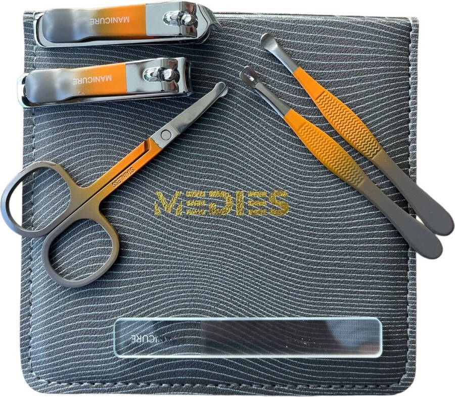 MEDIES beauty premium verzorgingset met lederen opberghoes neusschaar nano nagelvijl schuine nagelknipper nagelschaar manicureset vlakke nagelknipper earpick 6 delig