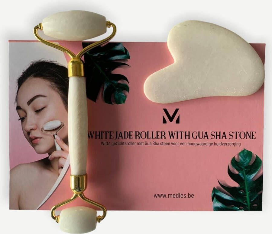 MEDIES professionele witte gezichtsroller met gua sha schraper | luxe set jade roller met gua sha stone| jaderoller | gezichtsroller jade | jade roller | jade roller set | face roller | gua sha shraper luxe doos met magnetische sluiting wit