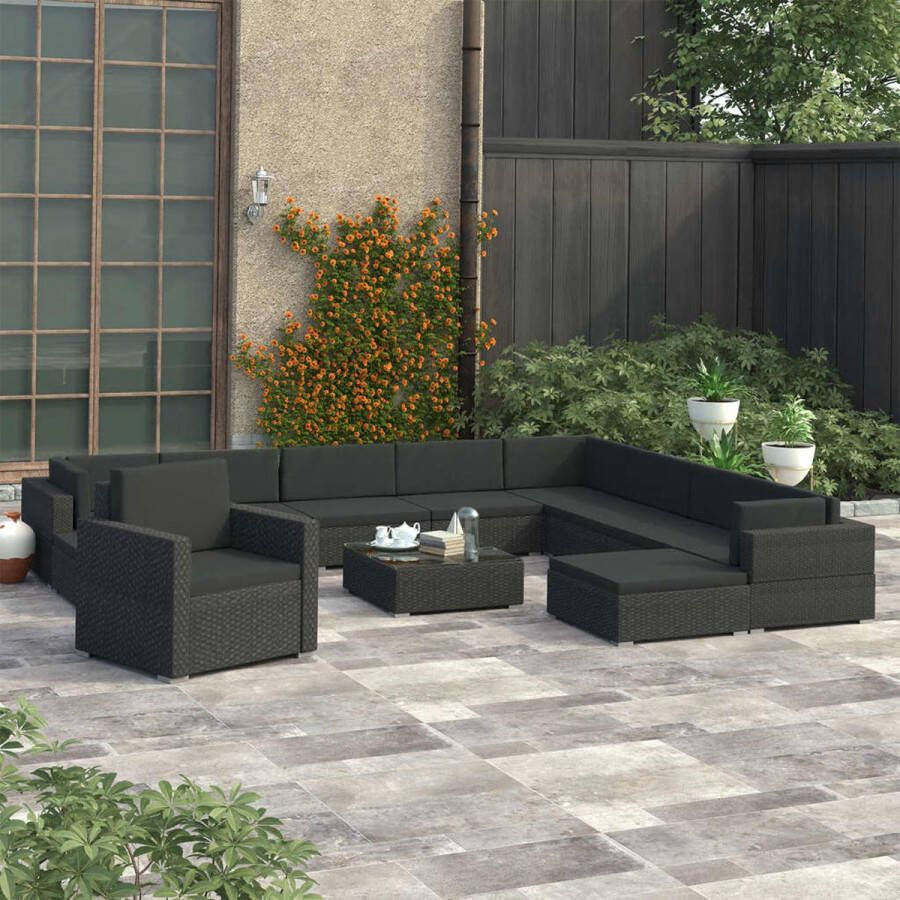 Medina 12-delige Loungeset met kussens poly rattan zwart