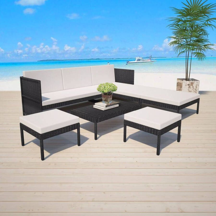 Medina 6-delige Loungeset met kussens poly rattan zwart