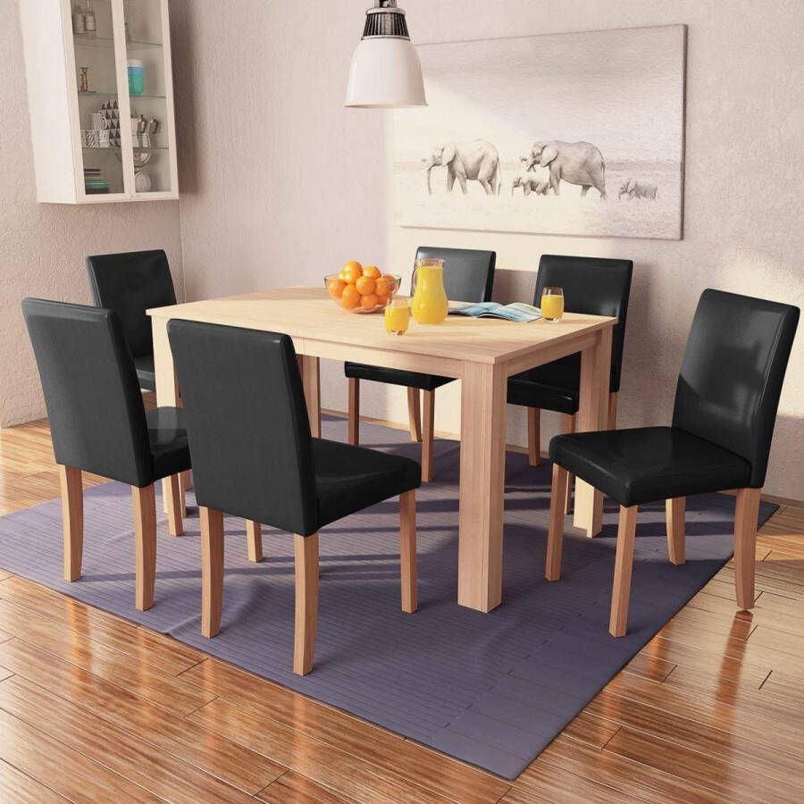 Medina Eettafel met stoelen kunstleer en eikenhout zwart 7 st