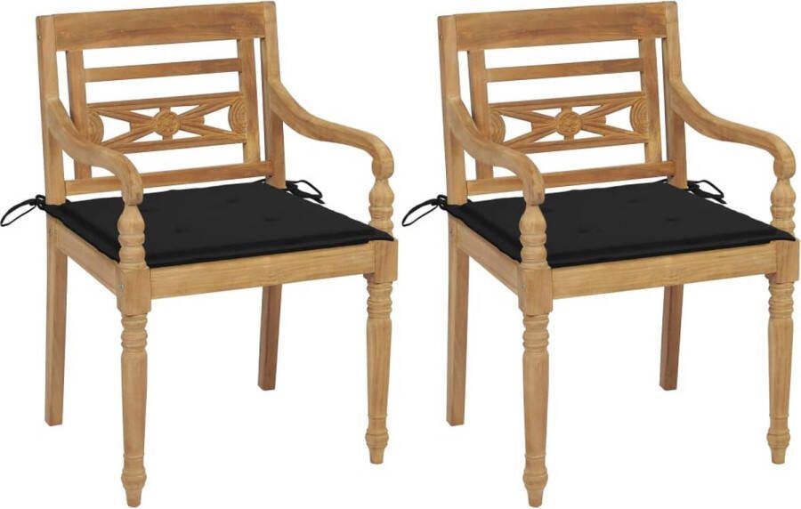 Medina Stoelen Batavia 2 st met zwarte kussens massief teakhout
