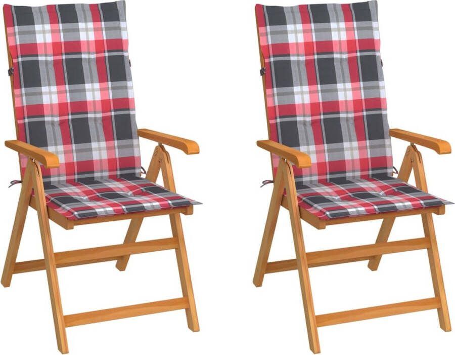 Medina Tuinstoelen 2 st met rood geruite kussens massief teakhout