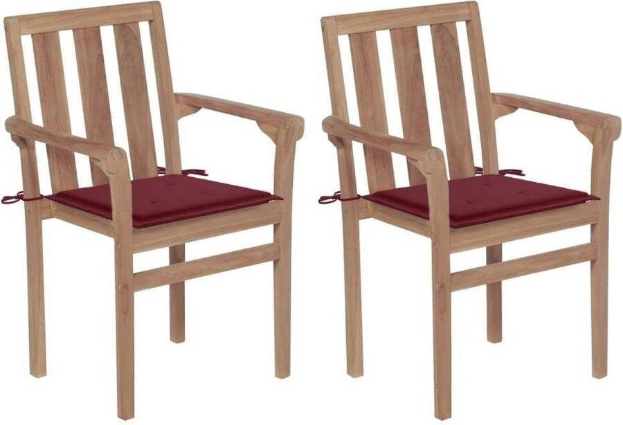 Medina Tuinstoelen 2 st met wijnrode kussens massief teakhout