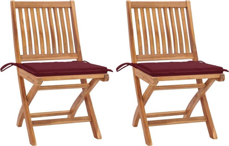 Medina Tuinstoelen 2 st met wijnrode kussens massief teakhout