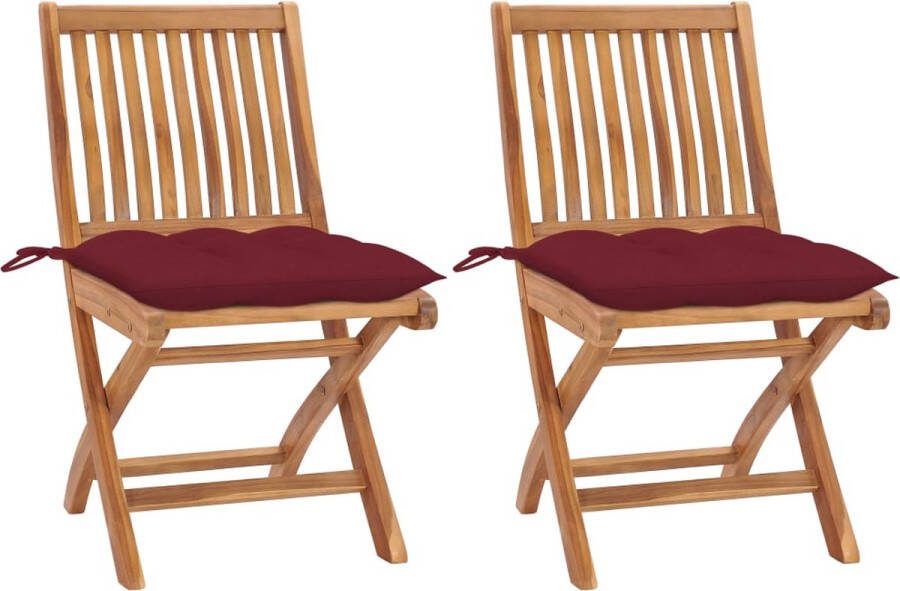 Medina Tuinstoelen 2 st met wijnrode kussens massief teakhout