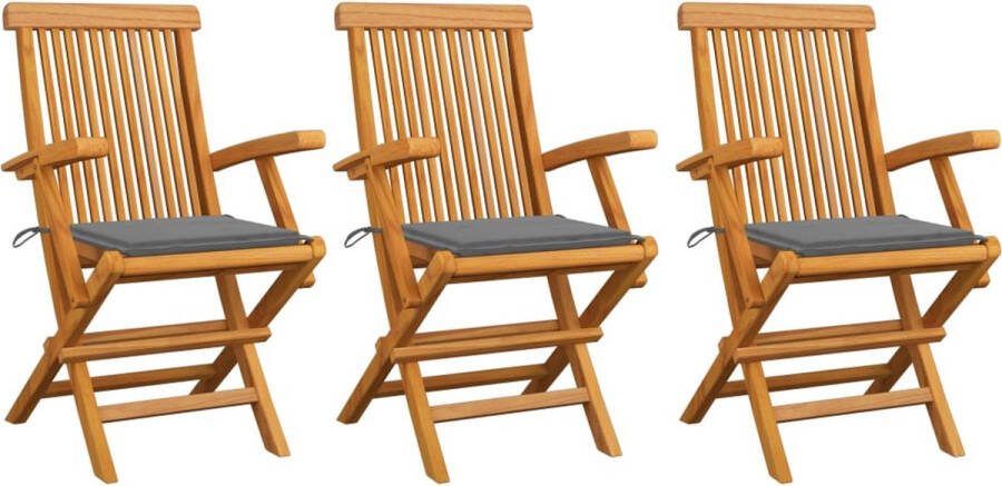 Medina Tuinstoelen 3 st met grijs kussens massief teakhout