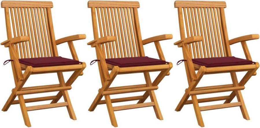 Medina Tuinstoelen 3 st met wijnrode kussens massief teakhout