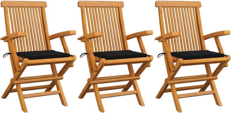 Medina Tuinstoelen 3 st met zwarte kussens massief teakhout