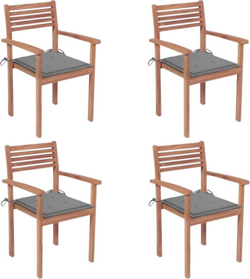 Medina Tuinstoelen 4 st met grijze kussens massief teakhout