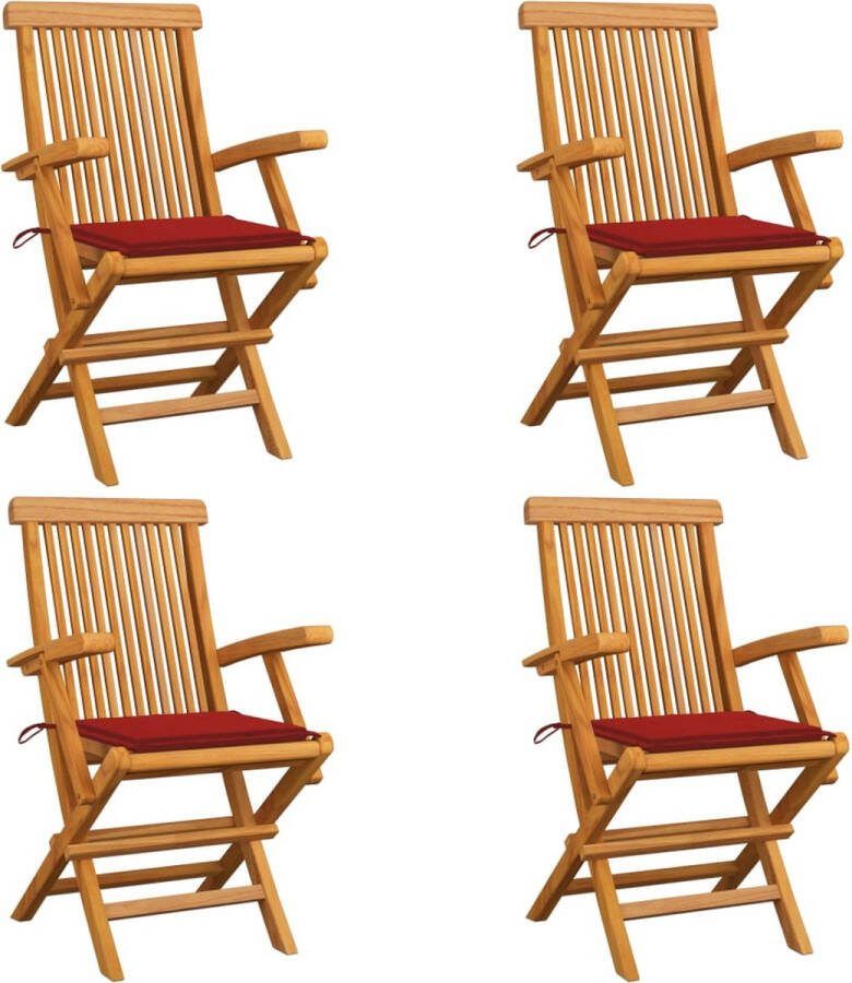 Medina Tuinstoelen 4 st met rode kussens massief teakhout