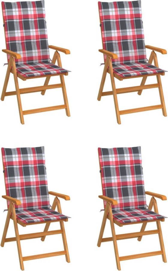 Medina Tuinstoelen 4 st met rood geruite kussens massief teakhout