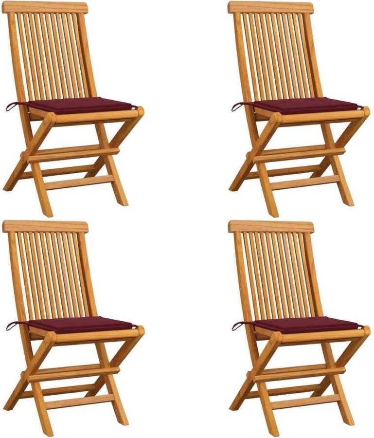 Medina Tuinstoelen 4 st met wijnrode kussens massief teakhout