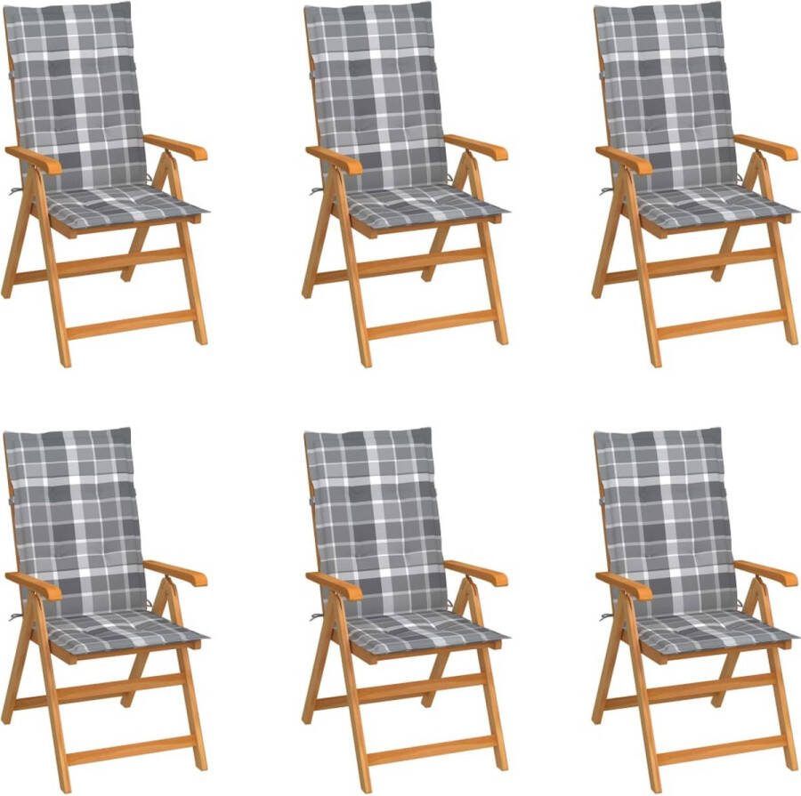 Medina Tuinstoelen 6 st met grijs geruite kussens massief teakhout