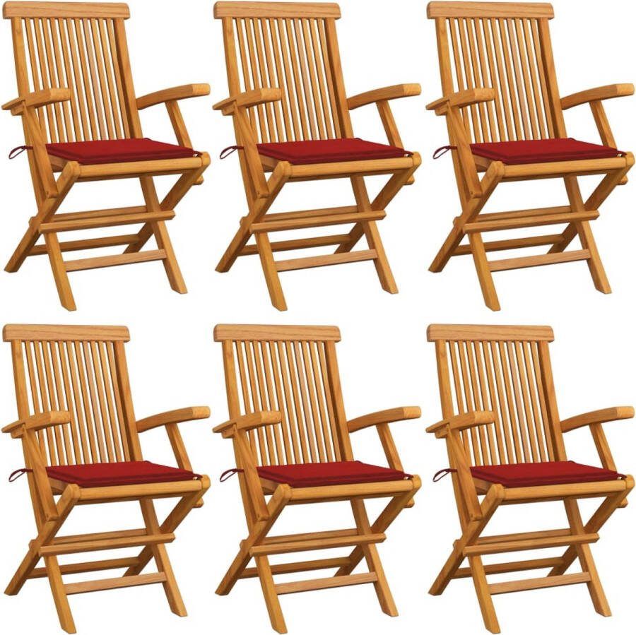 Medina Tuinstoelen 6 st met rode kussens massief teakhout