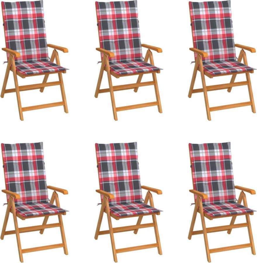 Medina Tuinstoelen 6 st met rood geruite kussens massief teakhout