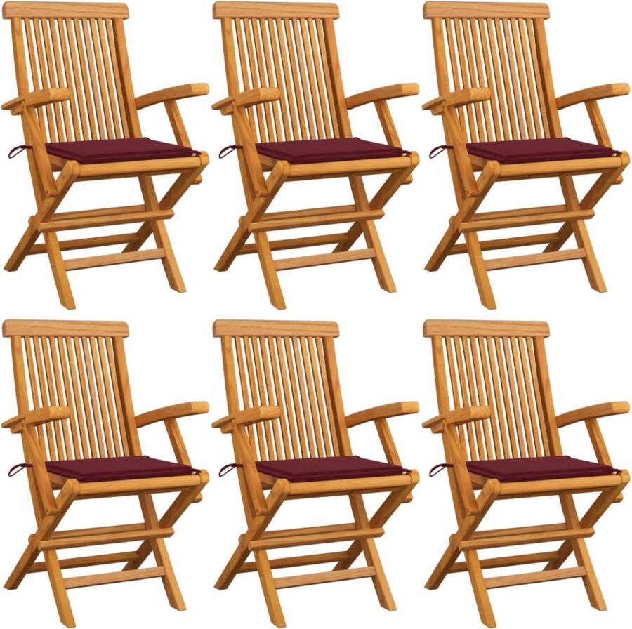 Medina Tuinstoelen 6 st met wijnrode kussens massief teakhout