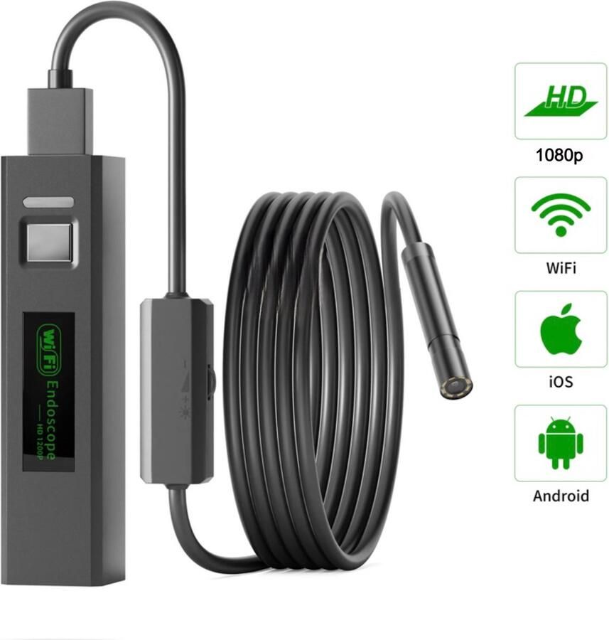 Medj oplaadbare draadloze WiFi-endoscoop 1080P 2.0MP IP67 waterdichte inspectiecamera met 5 meter flexibele kabel voor iPhone en Android telefoon