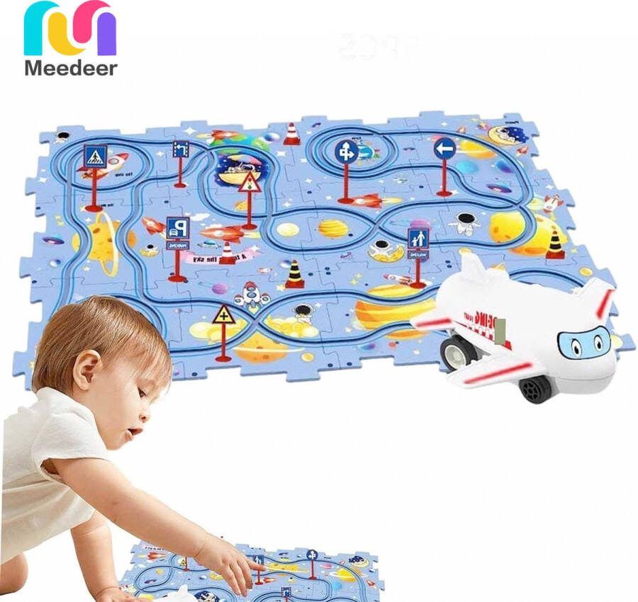 Meedeer 25 Stuks Puzzelbaan autospeelgoed-Puzzle Wheels-Peuterpuzzelset Doe-Het-Zelf-Montage Elektrische Trolley Spellen voor Kleuters Montessori Speelgoedcadeau Space-Serie