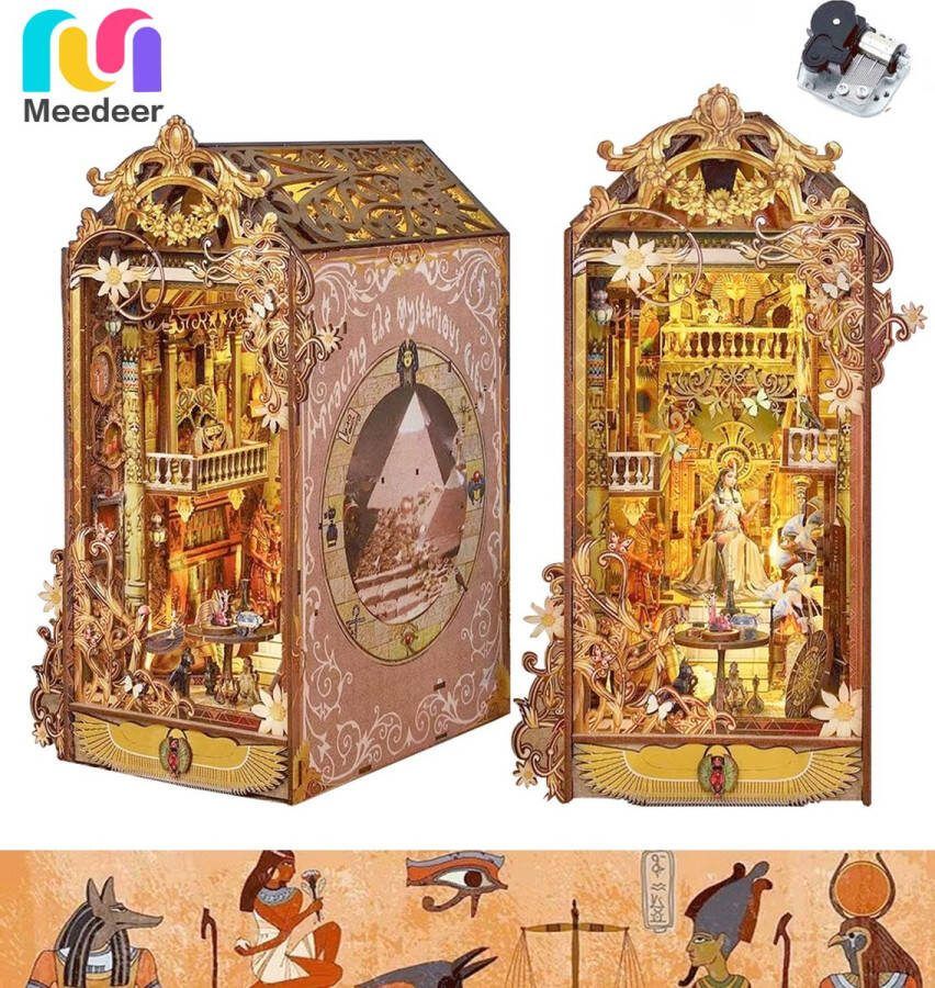 Meedeer DIY Boek Nook Kit-Tracing The Mysterious City 3D houten modelbouw Met Muziek Doos & Led boekensteunen met Egyptisch thema bureaudecoratie-Miniatuur Poppenhuis Model Kit voor Kinderen Volwassenen Gift，Kinderdag verjaardagscadeau