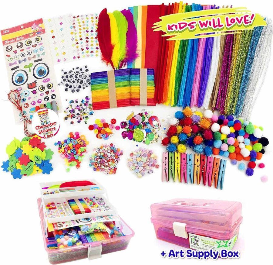 Meedeer Knutselset voor kinderen-600+Stuks Creatief-Zelfmaakset-Knutselkoffer-Knutselwerk voor Kinderen-knutselaccessoires-Wiggle ogen-veren-scrapbooking-pijpenragers-pompons-kralen-cadeau voor kinderen
