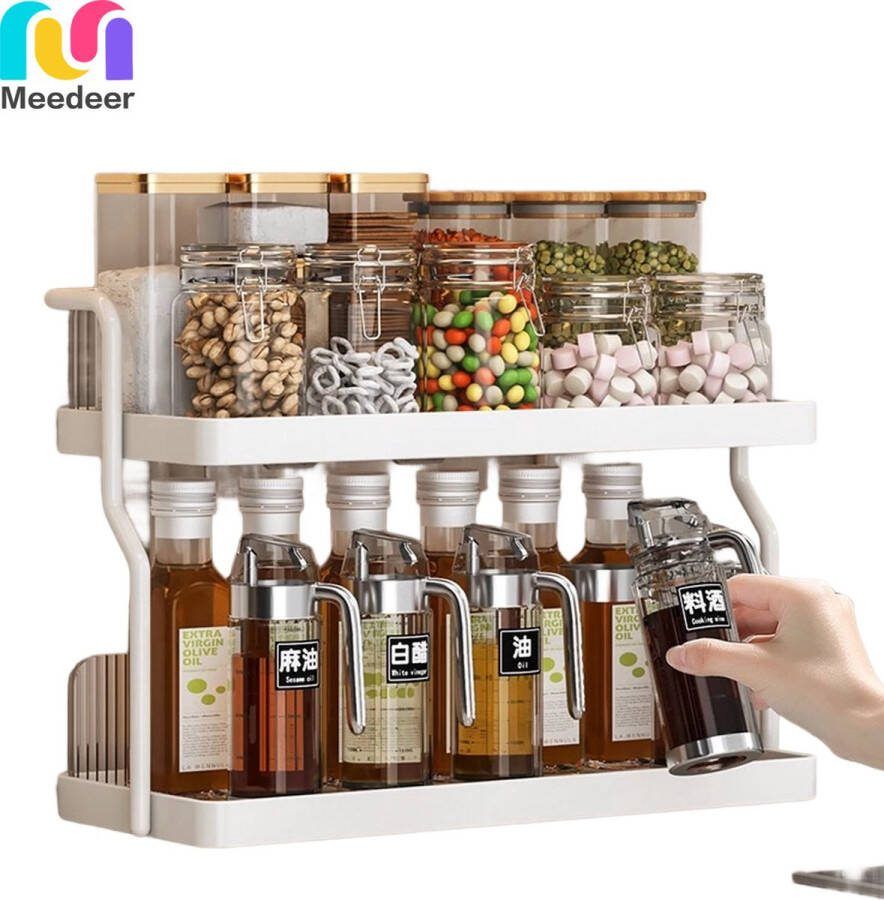 Meedeer kruidenrekje 2 laags-Keuken Dubbellaags Kruidenrek-Kruidenrek staand- Dubbel Kruidenrek-Rek voor kruidenpotjes en glaasjes-Badkamerplank Voor Badkamer- Multifunctionele organizer voor keuken en badkamer -Kleur: Wit