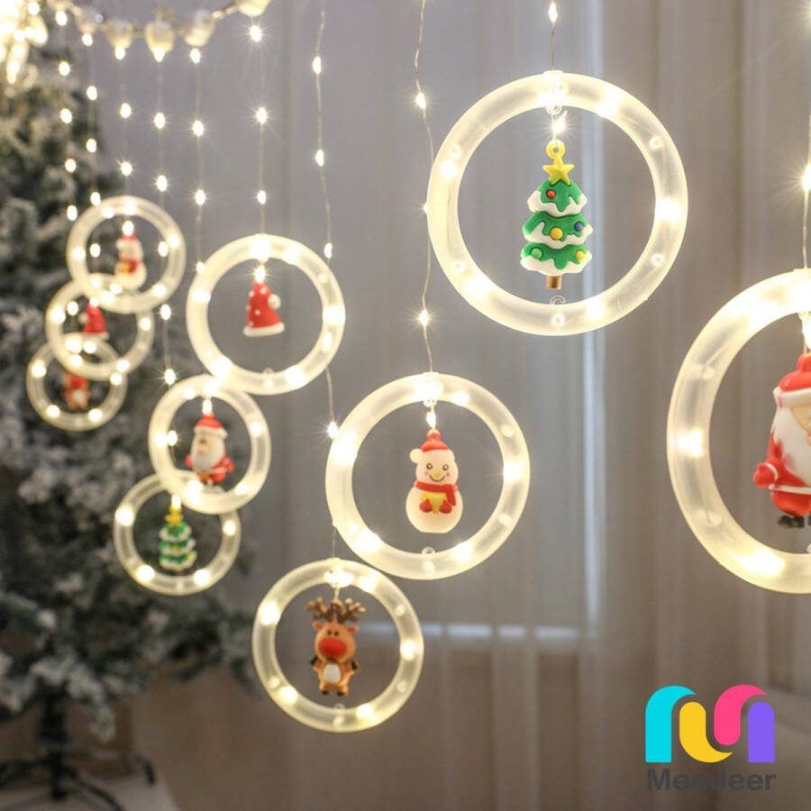 Meedeer LED Kerstverlichting Met afstandsbediening & haak Lichtgordijn- Kerststerren- Gordijnverlichting-Kerst Lichtslingers met USB- Vorm met Snowflakes & Kerstman & vriendjes Warm wit licht- 3 Meter- 125 LED- Sfeer Verlichting