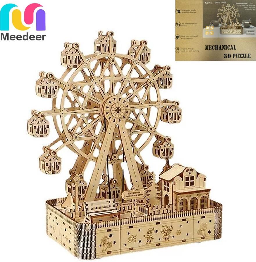 Meedeer 3D Houten Modelbouw Puzzelbouwspeelgoed Houten Reuzenrad Puzzel met Licht en Muziek 3D Puzzels Kinderpuzzels 3D Romantische Decoratieve Decoraties Met LED-Lichtjes Muziek en Roterende Bouwstenen