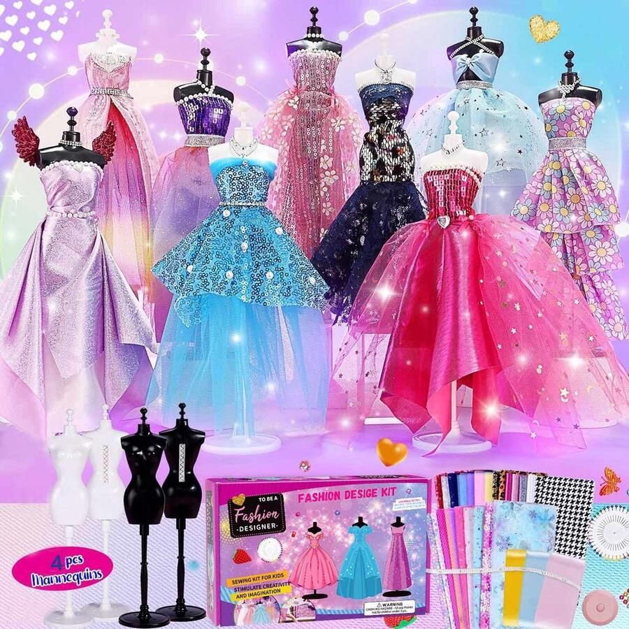 Meedeer 500+ stuks- modedesign knutselset- doe-het-zelf kunst en knutselset-kleding-naaiset-kinderen-educatief speelgoed-creativiteit-verjaardagscadeaus voor 6-12 jaar-met 4 mannequins