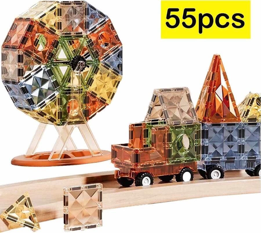 Meedeer 55 Stuks Magnetisch speelgoed -Magnetische Bouwstenen -Magnetische Blokken-4D Magnetisch Spoor Speelgoed voor Kinderen Montessori Puzzelblokken Educatief Geschenk Bouwset Voor Jongens en Meisjes 3 Jaar +