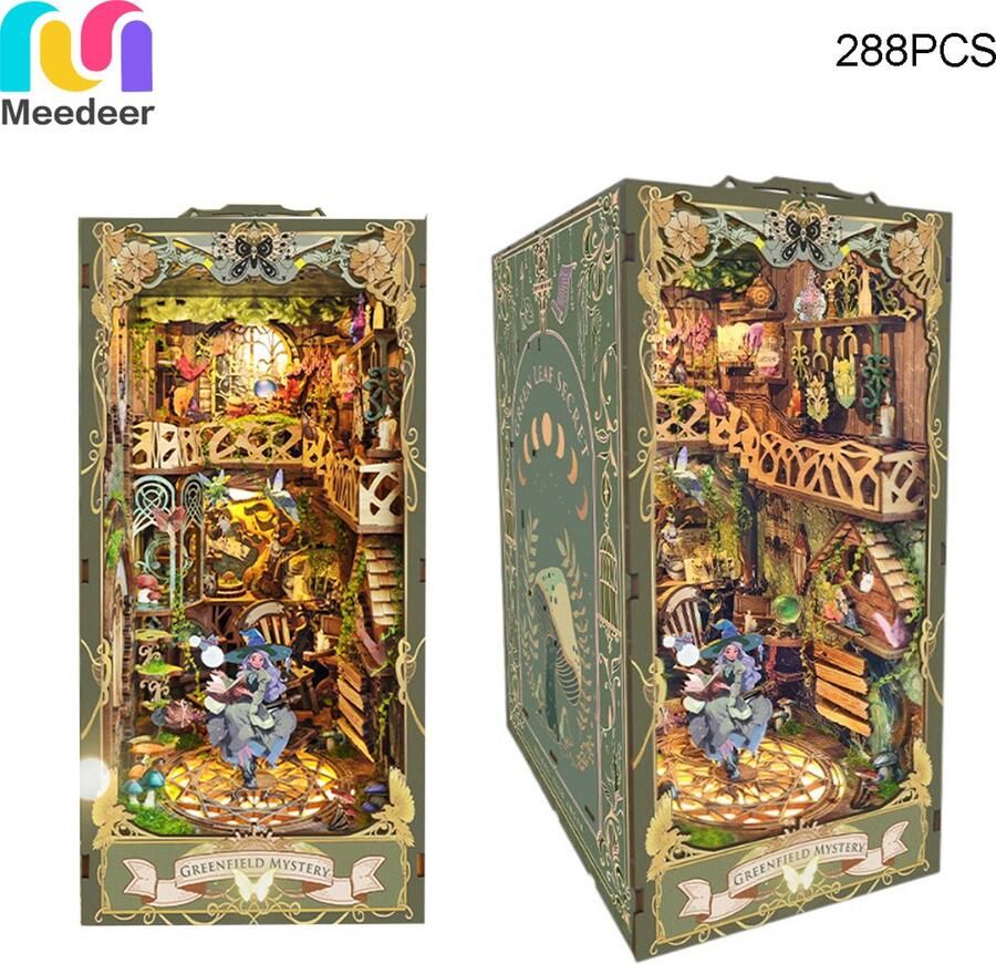 Meedeer DIY Boek Nook Kit Premium Miniatuur bouwpakket Green Mystery Land Greenfield Geheime Stijl 3D houten puzzel met led Poppenhuizen Voor kinderen jeugdigen volwassenen Creetieve cadeaus kindercadeaus