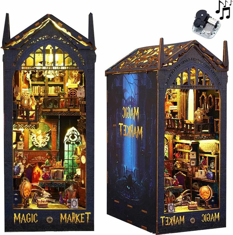 Meedeer Magische Bazaar DIY Book Nook Poppenhuizen Kit – DIY miniatuur huiskit met LED-licht 3D puzzel boekensteunen van hout modelbouwsets voor volwassenen om te bouwen