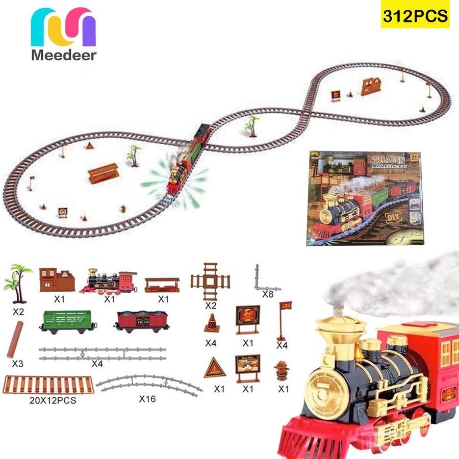 Meedeer Premium Elektrische treinset voor kinderen treinrails treinset treinbanen treinen stoomtreinspeelgoed met stoom geluiden en lichten creatief speelgoed voor kinderen vanaf 3 jaar+ (312pcs))