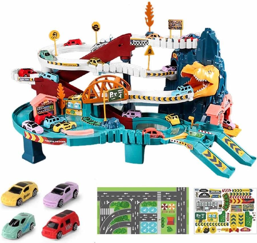 Meedeer Racebaan Dinosaurus Speelgoed Racebaan-autoracebaan voor kinderen met Musiek-dino snelweg met 4 autospeelgoed en rails dino racebaan van 3 jaar-dinosaurus spoorweg auto-speelgoed gebogen weg- voertuig kinderen-Dinosaur Hill-voor kinderen