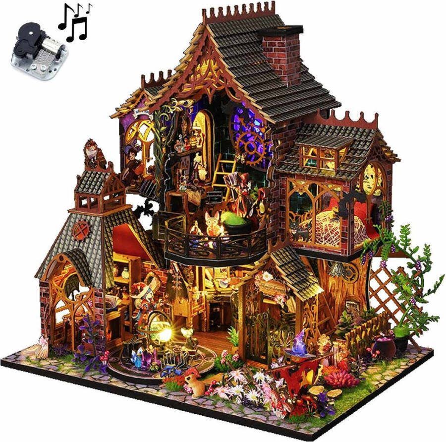 Meedeer Nieuwe Premium XXL Miniatuur bouwpakket met muziekdoos- DIY Betoverd bos magische huis model- Miniatuur bouwpakket-miniatuur poppenhuis-handgemaakt houten model-Met LED verlichting-26.5x19.5x27cm- Poppenhuis – Voor 14 jaar +