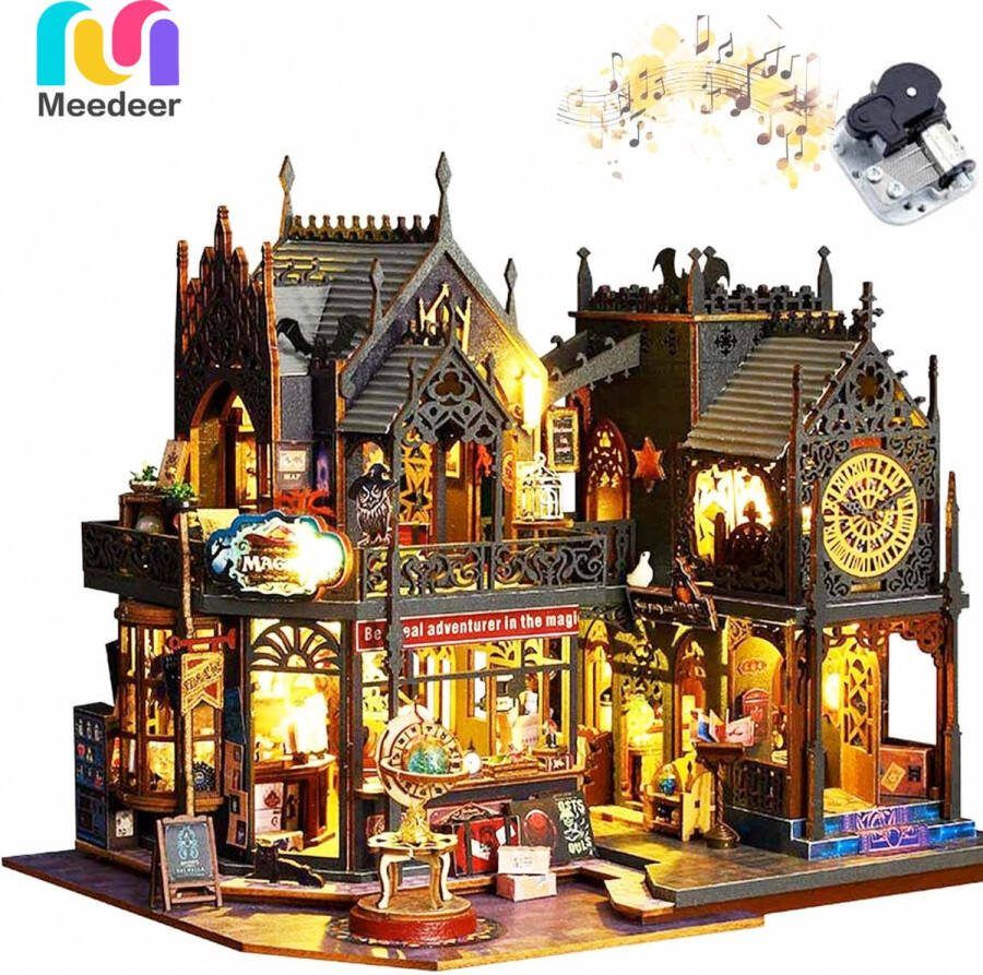 Meedeer Premium DIY miniatuur poppenhuis kit houten modelbouw- Magic 3D House Magic City Magisch houten poppenhuis met Muziek doos & Led Halloween Handgemaakte Houten creatief bouwmodel speelgoed poppenhuis voor jongens en meisjes