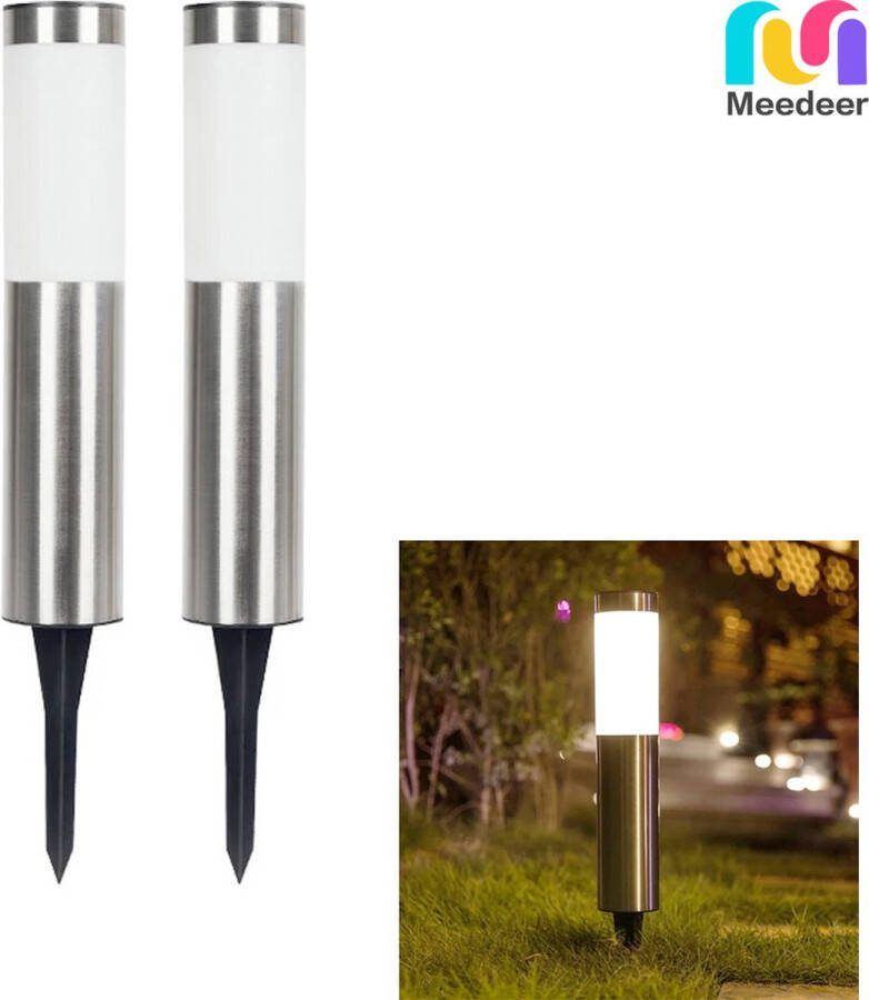 Meedeer Solar Tuinlamp-2Stuks zonne-verlichting voor buiten zonne-tuin staak buitenlamp zonne-energie landschap stok lamp buiten gazon lamp Cilindrisch steek lichten zaklamp straatlantaarn tuin licht (Kleur:Grijs)