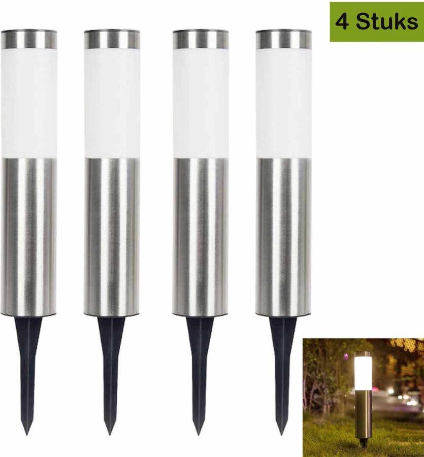 Meedeer Solar Tuinlamp-4 Stuks zonne-verlichting voor buiten-zonne-tuin staak buitenlamp-zonne-energie landschap stok lamp buiten gazon lamp Cilindrisch steek lichten zaklamp straatlantaarn tuin licht (Kleur:Grijs)