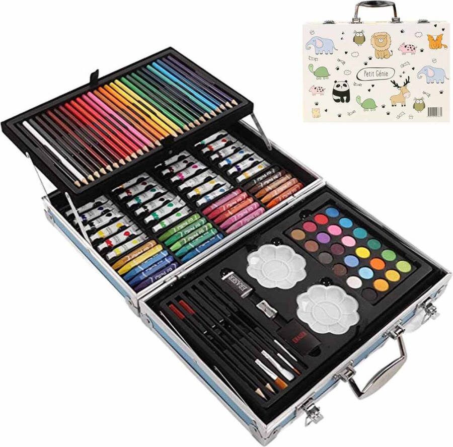 Meedeer Tekenset-Art Tekendoos-Tekenkoffer Set -Kleurkoffer voor kinderen-knutselpakketten-schilderskoffer-200-Delige Tekenpakketten Schilderset -Wit Paard Meisje-Aquarel-Verf Krijt Stiften Waskrijt Oliepastels Kleurpotloden en Toebeho