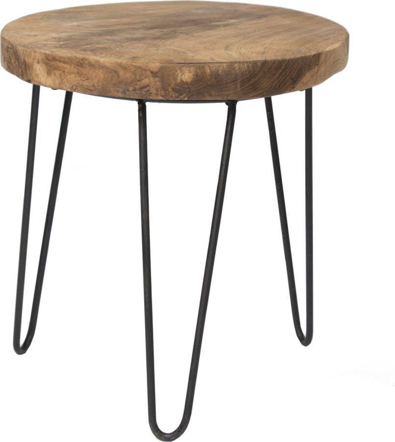 Merkloos Mega Collections Bijzettafeltje krukje Decowood teak hout metaal D40 x H45 cm Bijzettafels