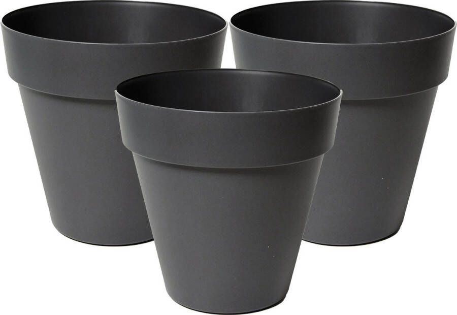 Merkloos Plantenpot bloempot 3x kunststof zwart binnen en buiten D26 x H22 cm Plantenpotten