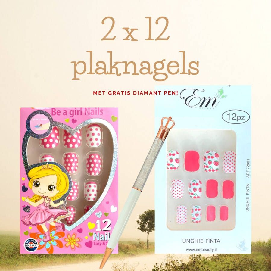 Meiji Plaknagels Duopack Ice Cream & Ribbon Set van 2 Nepnagels Valse Nagels Met Gratis Diamant Pen Kinderen Geen Lijm Nodig